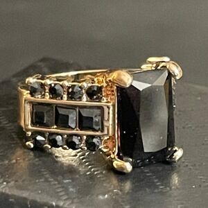 Rhinestone Cocktail Ring Statement Chunky Gold Tone Black Goth Wide Band Size 6